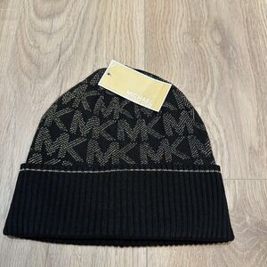 MICHAEL KORS logo jacquard cuffed women's beanie winter hat - Black/ Gold